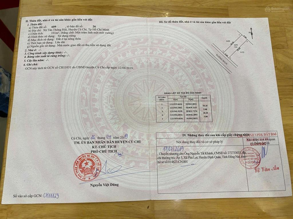 Cần bán gấp lô đất ở đường nguyễn thị chuẩn xã tân thông hội, củ chi, shr (101m²), giá 900tr.