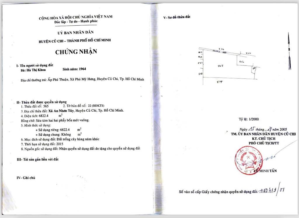 Chính chủ cần bán đất tại an nhơn tây, củ chi, hcm dt 6822m2