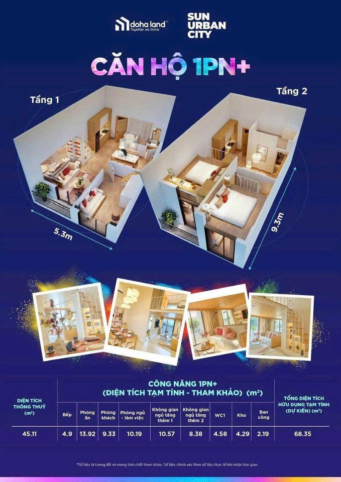 🏠 CĂN HỘ GÁC XẾP 1BR+,  TÒA P25, SUN URBAN CITY HÀ NAM