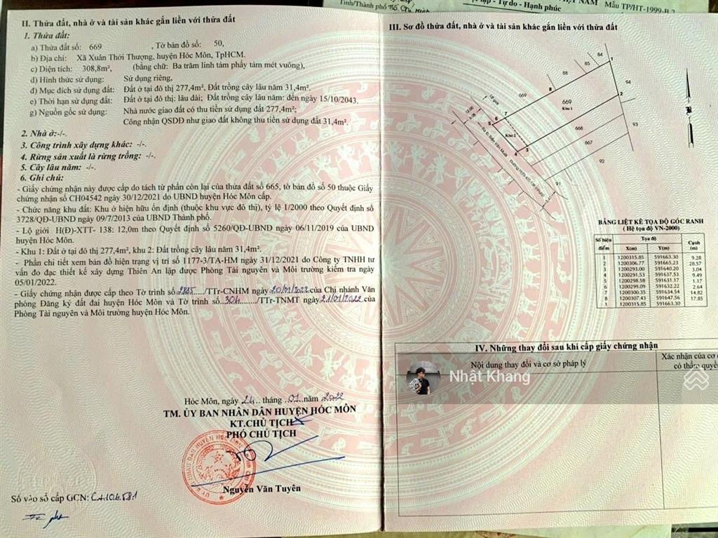 Bán gấp 308m2 đất xã xuân thới thượng, hóc môn, đường trần văn mười, sổ hồng riêng giá 1,6tỷ