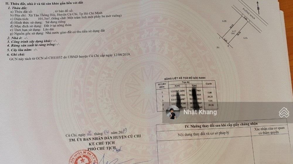 Bán nhanh 101m2 đất tân thông hội đường liêu bình hương gần chợ việt kiều giá 1tỷ có sổ hồng riêng.