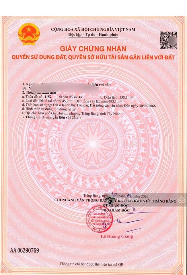 Bán nhanh lô đất 538m2 giá 1,2 tỷ, mặt tiền đường gia huỳnh, trảng bàng, tây ninh, sổ riêng sổ sẵn