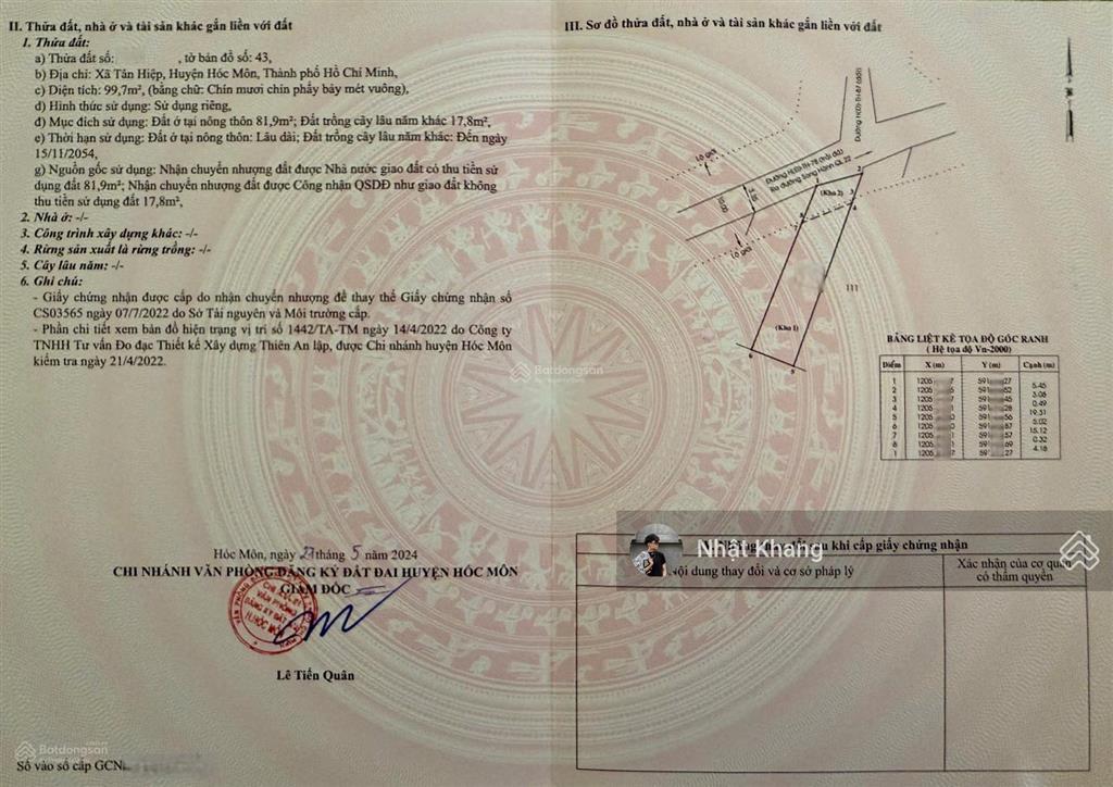 Chính chủ cần bán nhanh lô đất giá 1ty3, 100m2 đường huỳnh thị mài hóc môn tân hiệp ,sổ hồng riêng.