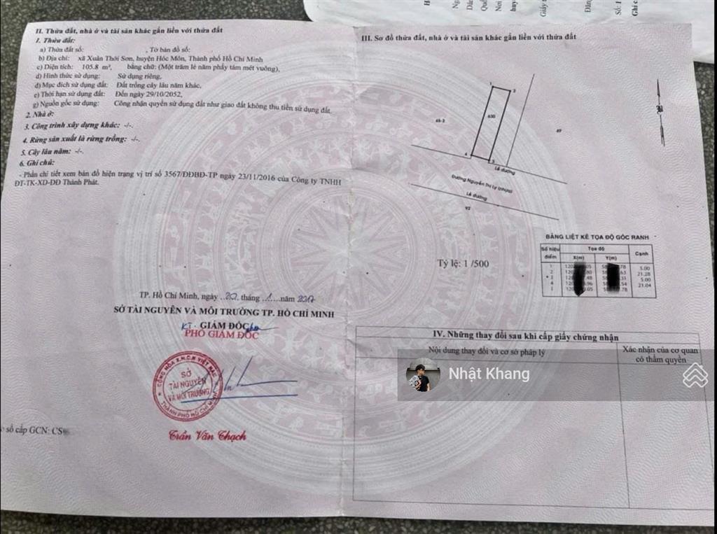 Bán nhanh 105,8m2 đất hóc môn, xuân thới sơn. giá 1,6 tỷ, nguyễn thị ly, gần chợ xuân thới thượng