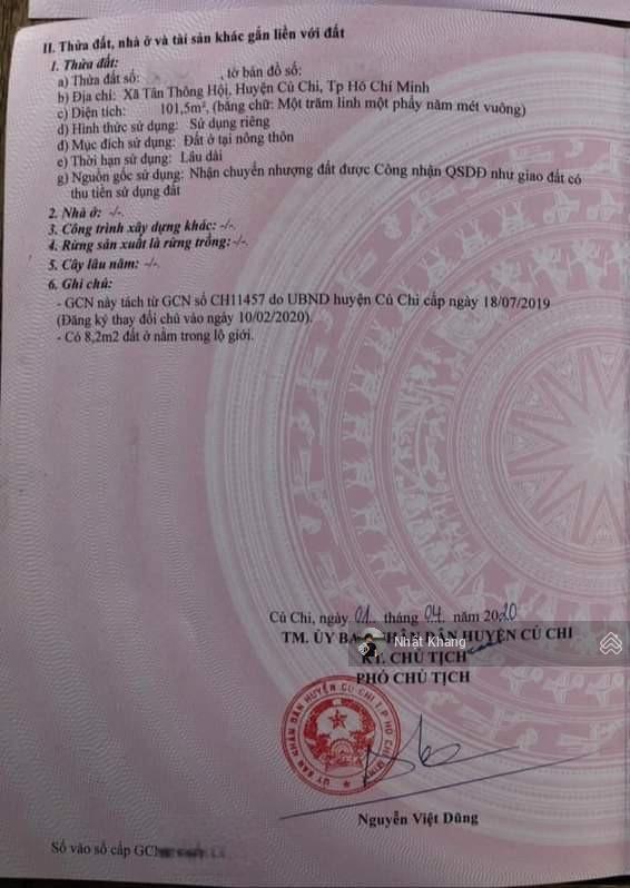 Bán nhanh lô đất giúp bạn an cư 101m2 xã tân thông hội, củ chi, tp hcm giá 1tỷ shr ,đất full thổ cư