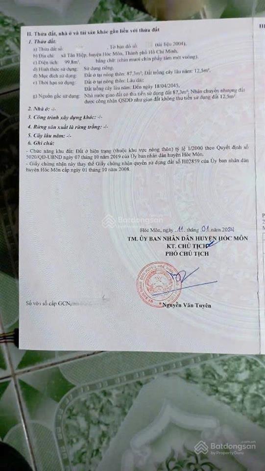 Bán nhanh đất tân hiệp hóc môn 99,8m2 đường huỳnh thị mài có sổ hồng riêng 1,6 tỷ