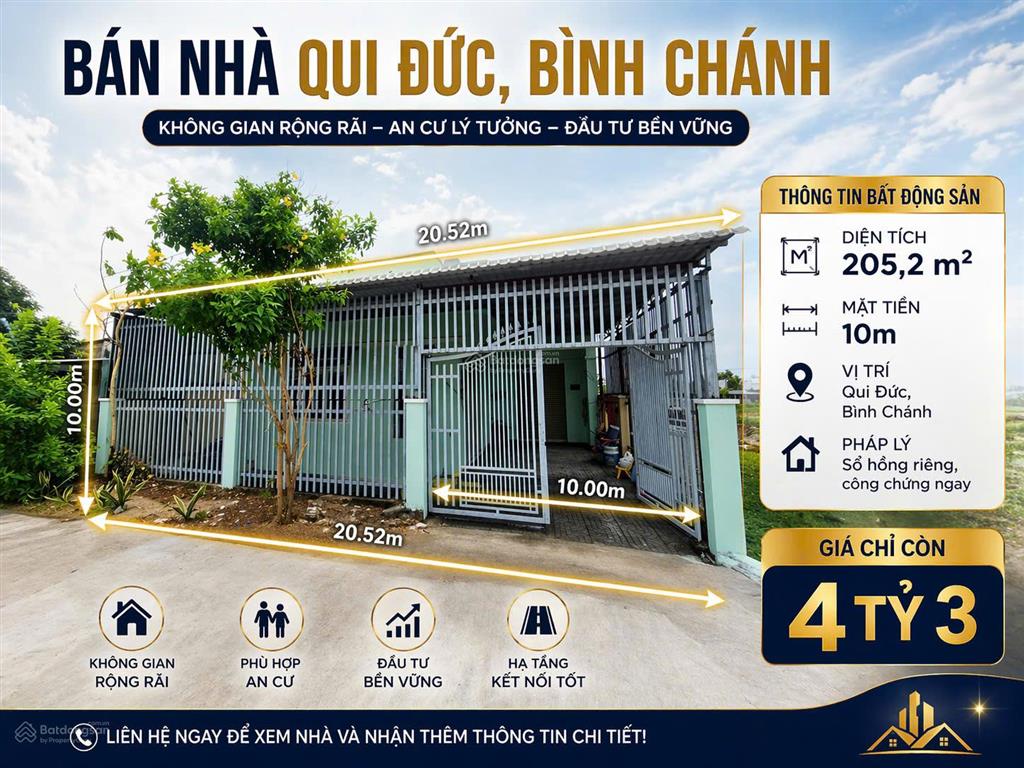 Bán nhà qui đức, bình chánh, diện tích 205,2m², mặt tiền 10m, giá 4,3 tỷ