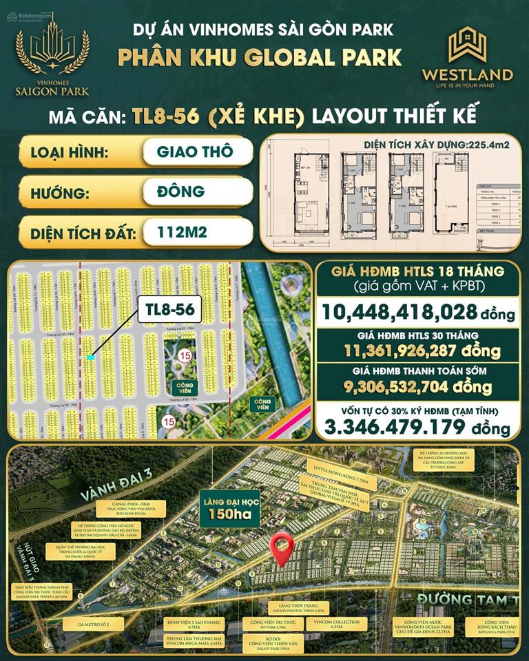 Bán căn nhà xẻ khe tại vinhomes sài gòn park 112m2 đường 13m phân khu giao thô  0899 884 ***