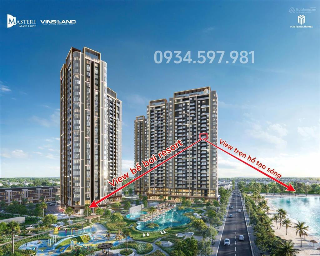 Căn 1n + không chênh masteri grand coast view hồ tạo sóng, khu bể bơi resort vô cực, tầng trung đẹp
