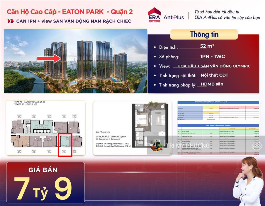 Eaton parkbán căn 1pn "khách tìm mua nhiều nhất"  tháp a5.2x. 10 + view rạch chiếc + tầng thoáng