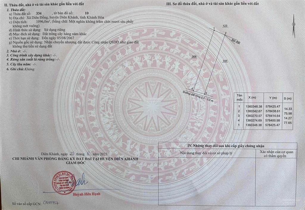 Cần bán lô đất thôn 3, xã diên đồng, dt 1.096 m2