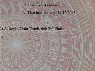 Đất trồng lúa, tổng diện tích 2835m2, địa chỉ ấp hòa lạc a, huyện châu thành, tỉnh trà vinh(cũ)
