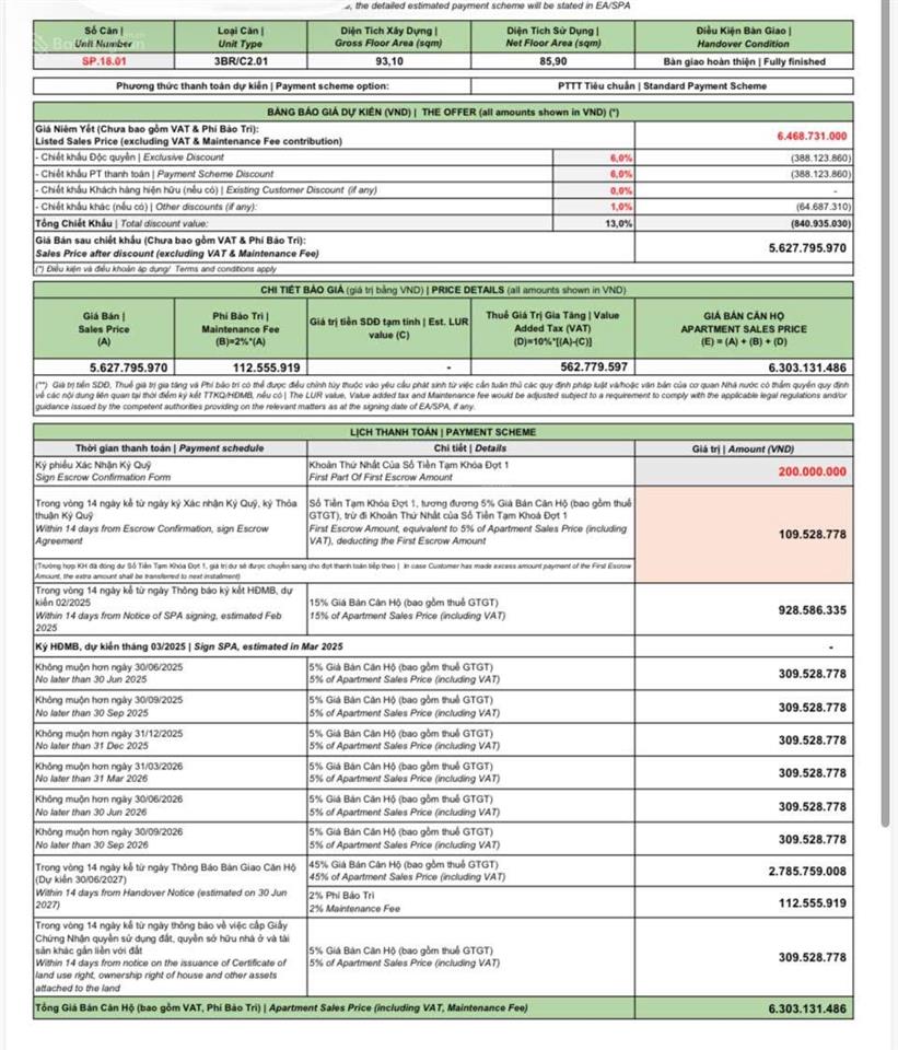 3 ngủ 85,9m2 tầng 18, phân khu khép kín toà sen vip sp