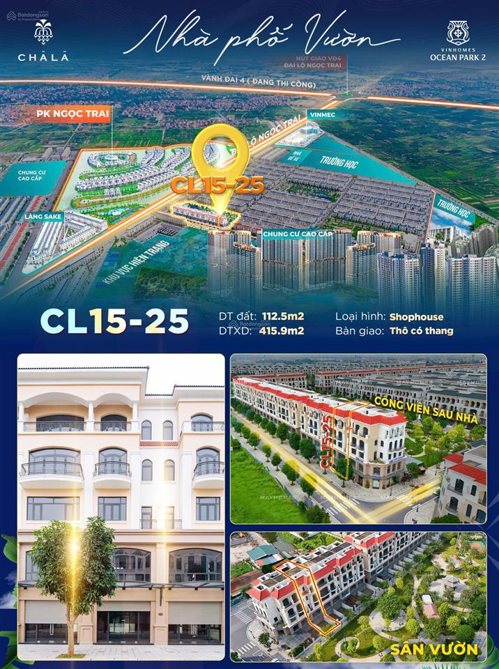 Shophouse sân vườn 2 mặt tiền đối diện 30 tòa chung cư, giá chỉ 15 tỷ
