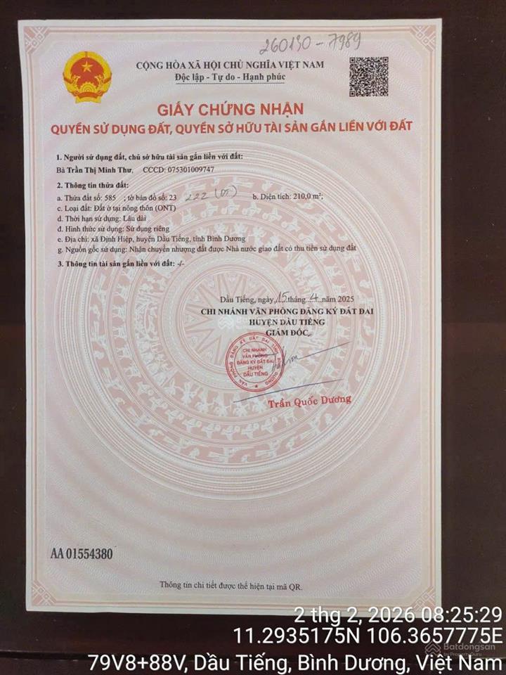 Hàng hiếm tại định hiệp, dầu tiếng, bình dương, diện tích 210m2