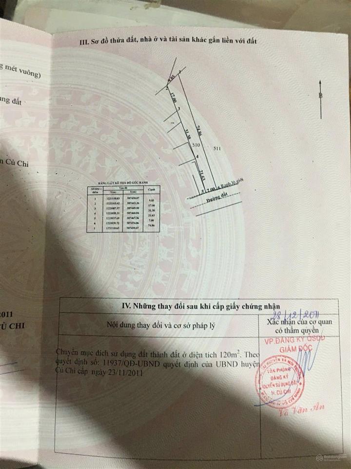 Bán lô đất khu dân cư hiện hữu, xã phú hoà đông, củ chi, tphcm. 535m2, thổ cư 120m2, giá 4tỷ779tr