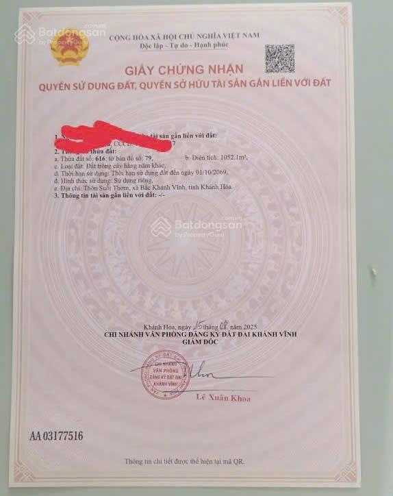 Cần bán lô đất thôn suối thơm, xã bắc khánh vĩnh (khánh đông cũ), dt 1.052 m2