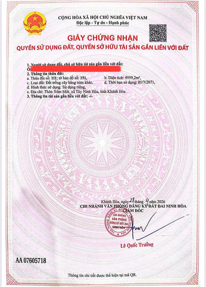 Cần bán gấp lô đất thôn xóm mới, xã tây ninh hòa, dt 4.959 m2