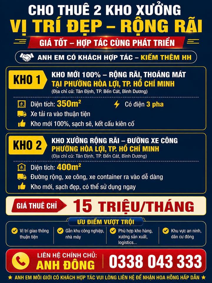 CHO THUÊ 2 KHO XƯỞNG MỚI – VỊ TRÍ ĐẸP – GIÁ CHỈ TỪ 15 TRIỆU/THÁNG