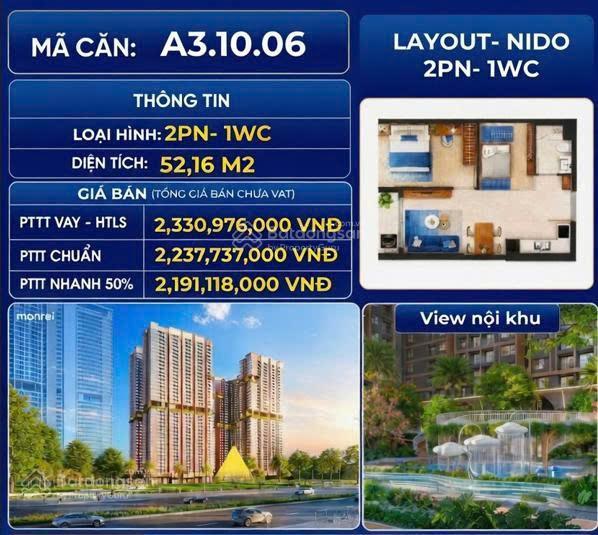 Chỉ từ 2,2 tỷ  sở hữu căn 2pn tại monrei saigon (mã căn a3.10.06)