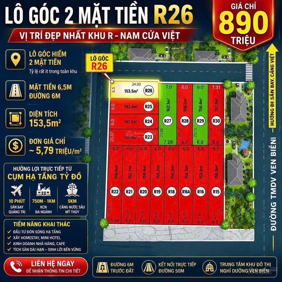 Bán đất đẹp tại nam cửa việt, quảng trị, giá siêu hời 890 triệu, 153.5 m2