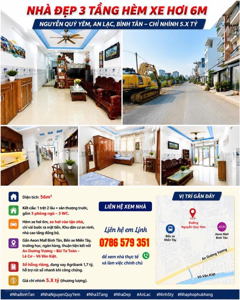 Nhà đẹp 3 tầng hẻm xe hơi 6m nguyễn quý yêm, an lạc, bình tân, chỉ nhỉnh 5. x tỷ, dt 56m2