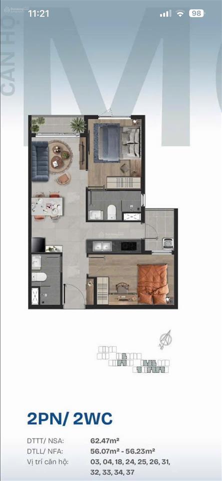 Căn hộ 2pn, 2wc, 62.47m2, tầng 18, tháp avis, dự án tt avio, 2.38 tỷ.