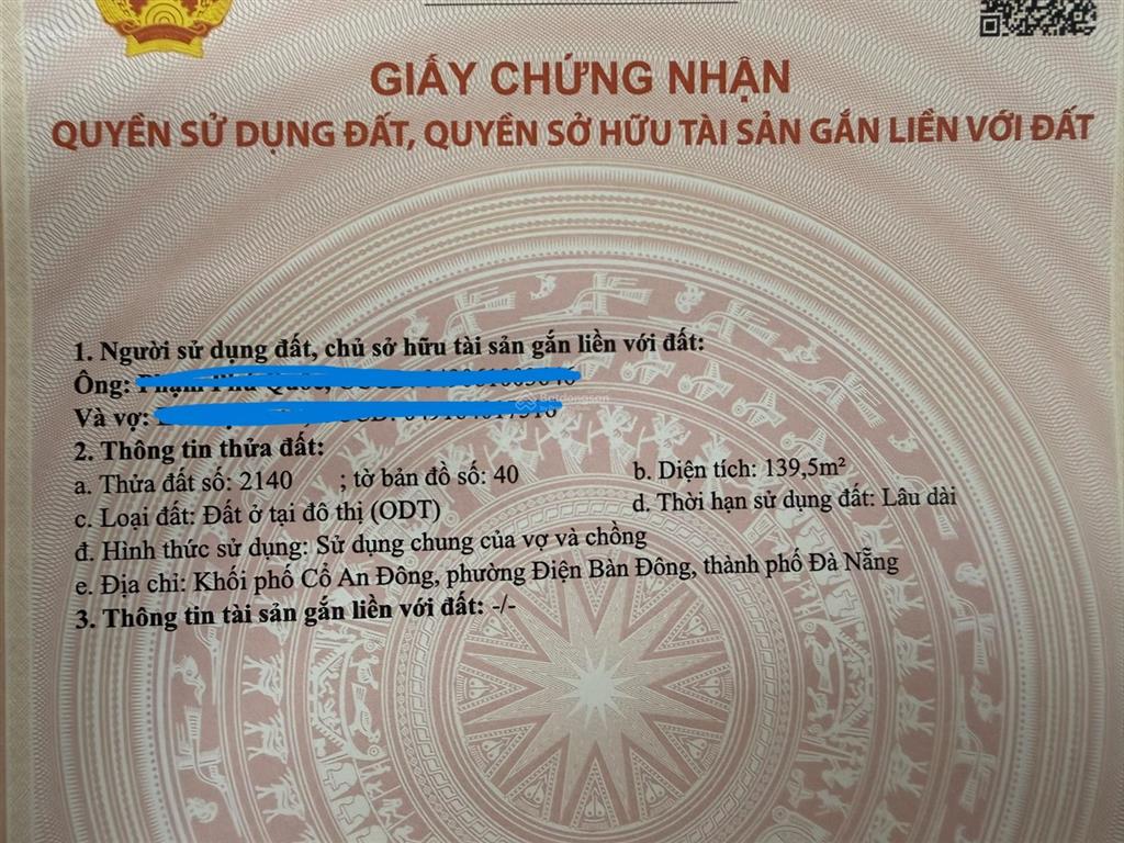 Bán đất chính chủ 6mx23,32m. mặt tiền đường trần thủ độ 33m