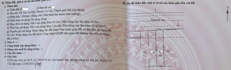 Bán gấp 120m2 có 95m2 thổ cư, 1 tỷ 250, cạnh kcn tây bắc củ chi, shr