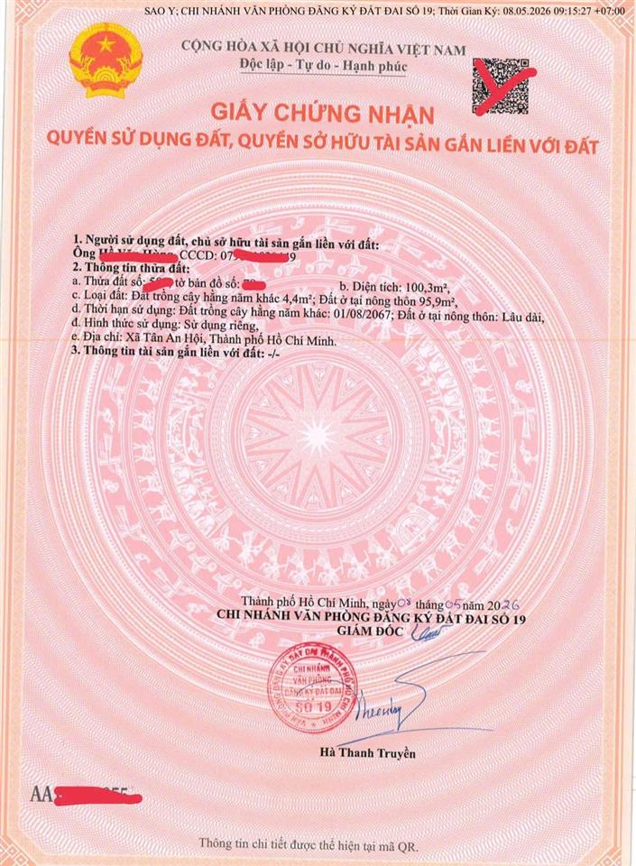Bán gấp khu đất 100m² thổ cư, 1 tỷ trung tâm thị trấn củ chi, đường tên, shr