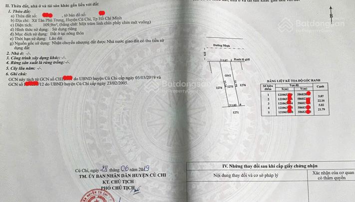 Thanh lý 985 triệu, gần 110m2 thổ cư, đường nhựa, tân phú trung, củ chi