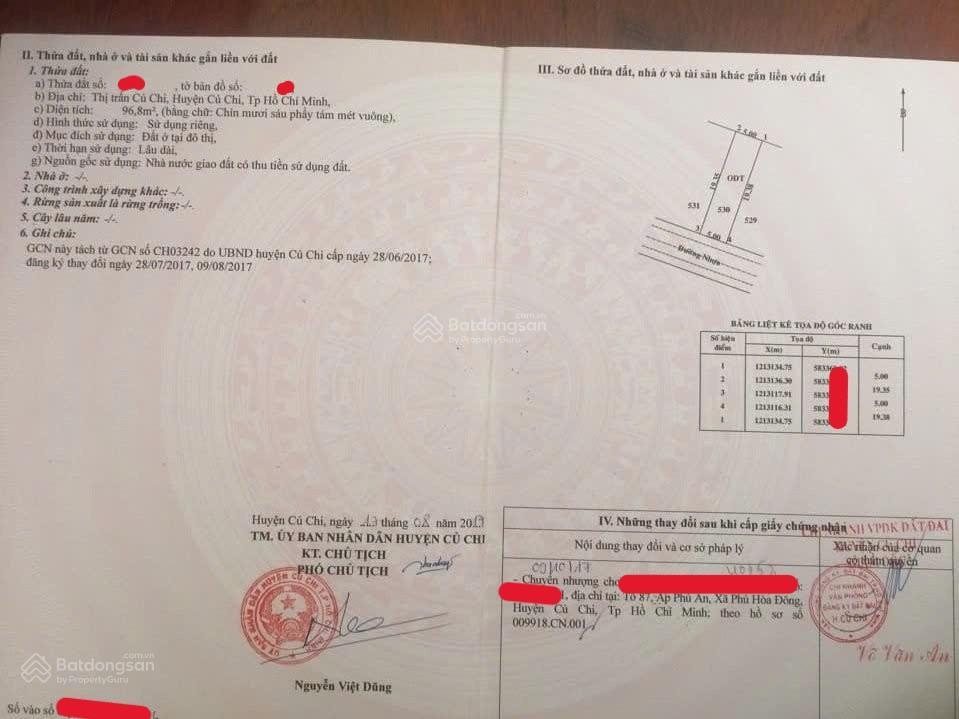 Cần bán gấp lô đất ở đường bùi thị he, thị trấn củ chi, huyện củ chi, giá 1tỷ1 96m2, sổ hồng riêng.