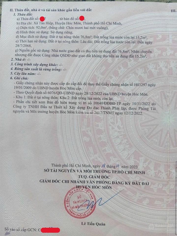 Chính chủ cần bán lô đất ở đường huỳnh thị mài xãtân hiệp huyện hóc môn 92m2 giá 1tỷ5 sổ hồng riêng