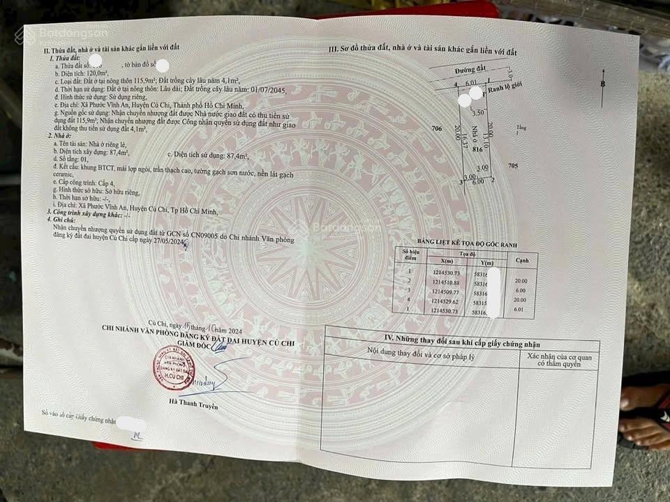 Chính chủ có lô đất cần bán ở đường nguyễn văn khạ phước vĩnh an củ chi 120m2 1tỷ150 sổ hồng riêng