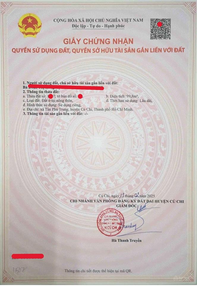 Kẹt tiền cần bán gấp lô đất ở đường cây da tân phú trung huyện củ chi 100m2 giá 1tỷ2 sổ hồng riêng