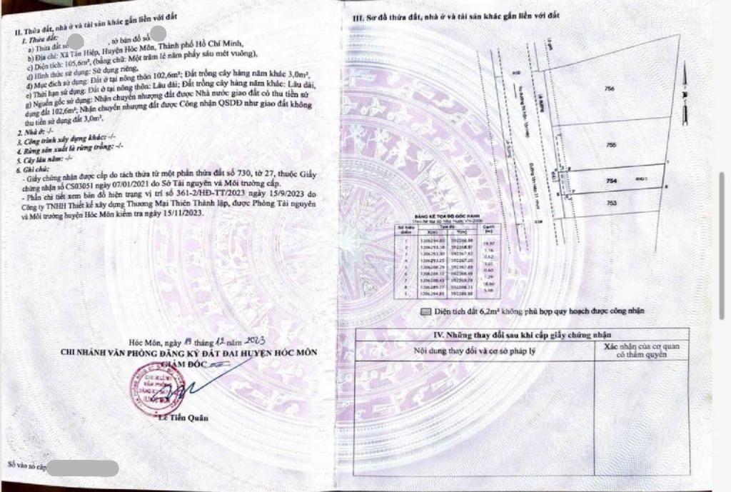 Chính chủ cần bán gấp lô đất ở đường lê thị hà xã tân hiệp huyện hóc môn 100m2 1tỷ8 sổ hồng riêng