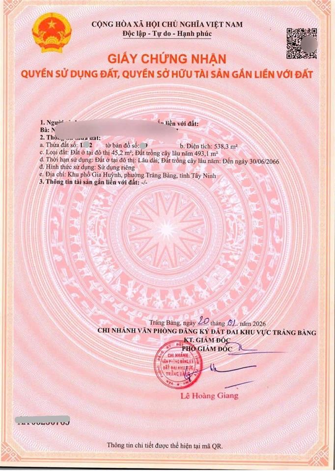 Tôi cần bán đất 550m2 giá 1tỷ2 đường gia huỳnh phường trảng bàng tây ninh sổ hồng riêng