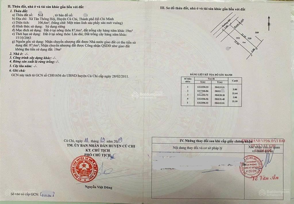 Chính chủ cần bán gấp đất đường suối lội xã tân thông hội huyện củ chi 100m2 giá 1tỷ1 sổ hồng riêng