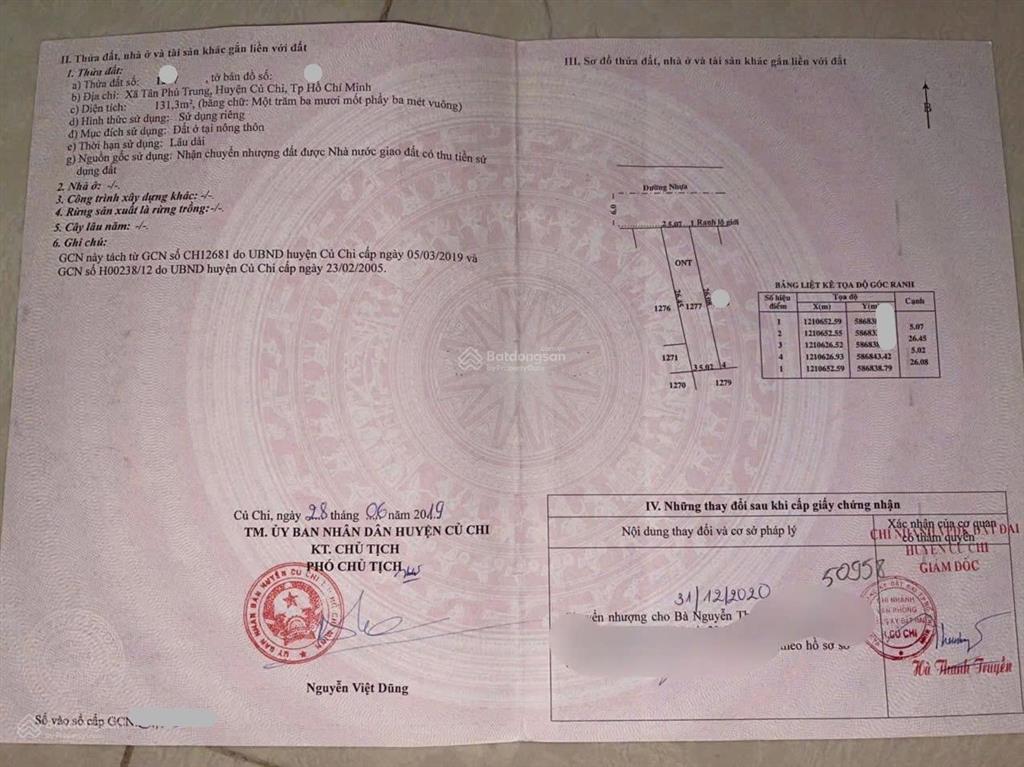 Bán gấp đất đường hồ văn tắng tân phú trung củ chi diện tích 131m2 giá 950 triệu sổ hồng riêng