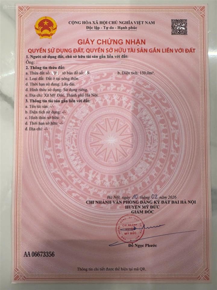 Bán lô đất đẹp 150m full thổ cư sổ đỏ lâu dài tại mỹ đức, hà nội, giá 1.4 tỷ