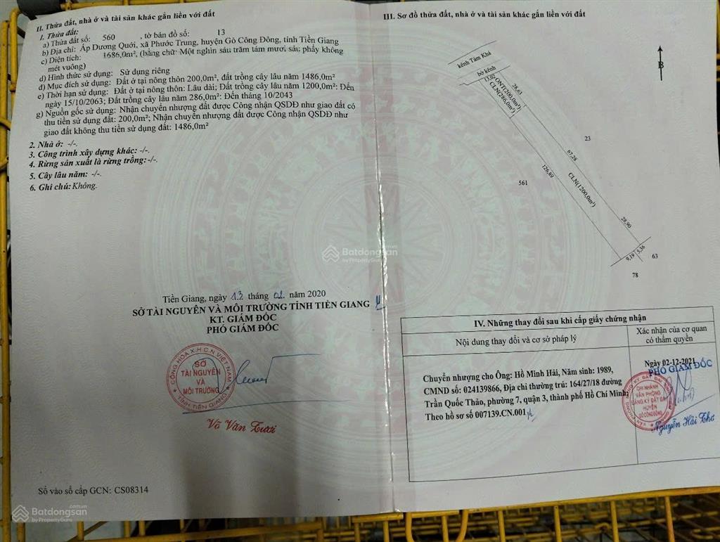 Bán gấp 1686m2 đất tại phước trung, gò công đông  sổ sẵn, giá chỉ 1,9 tỷ