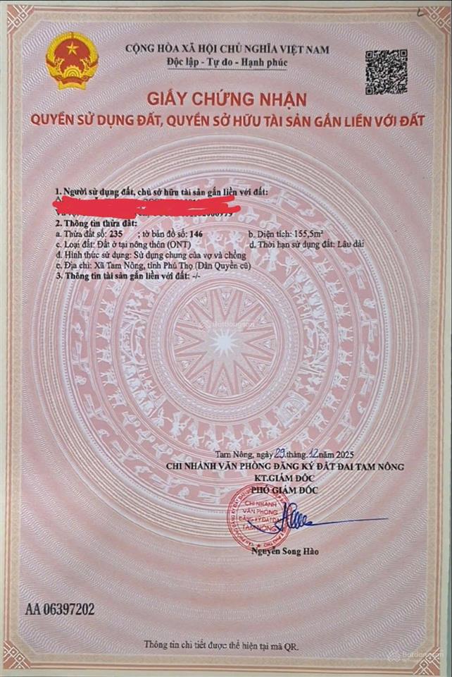 Bán đất chính chủ gửi 155.5m2, mặt tiền thoáng tại tam nông, phú thọ (khu dân quyền cũ)