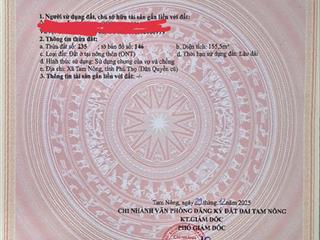 Bán đất chính chủ gửi 155.5m2, mặt tiền thoáng tại tam nông, phú thọ (khu dân quyền cũ)