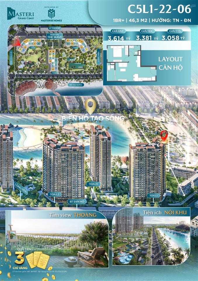 Masteri grand coast 1br+ tầng 22 | 46,3m | view thoáng