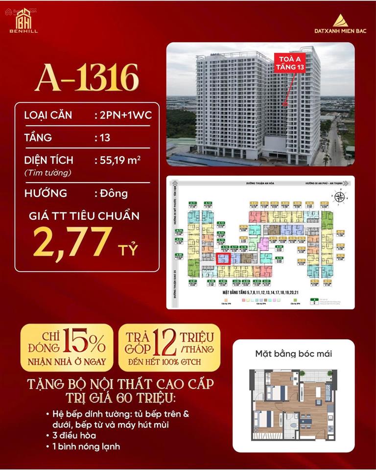 Bán căn hộ benhill thuận giao 55.19m2 2pn giá 2.77 tỷ, góp không vay ngân hàng