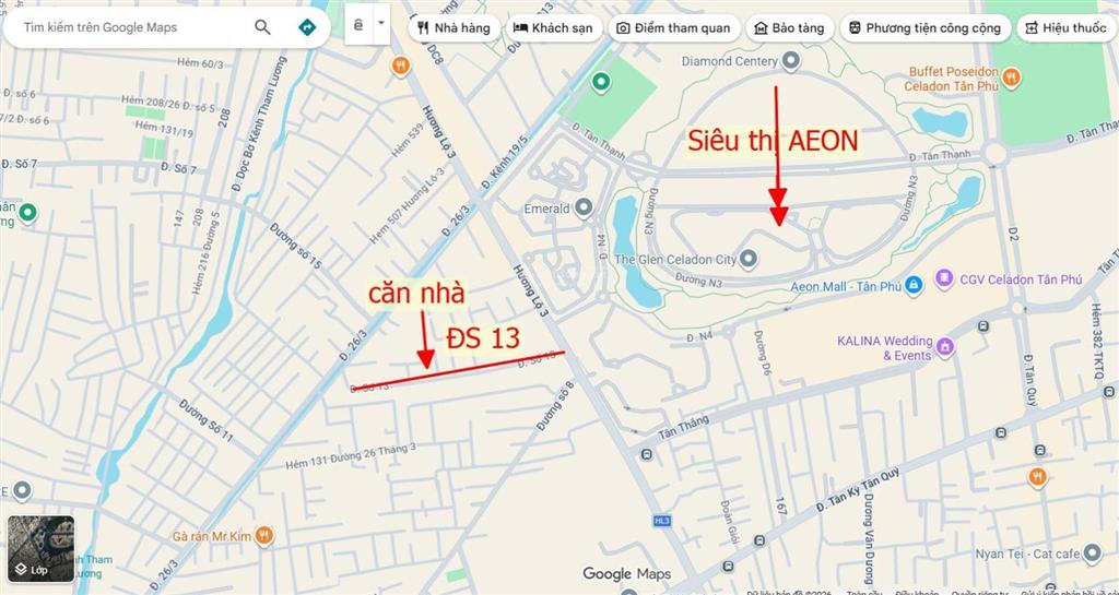 Mặt tiền đường số 13 (5x21m)  1 lầu  cách aeon mall 100m  dòng tiền 18tr/th  giá 9.35 tỷ