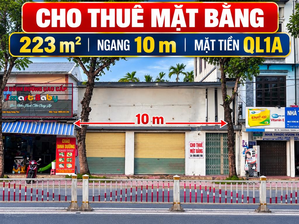 Cho thuê mặt bằng 223m2 ngang 10m mặt tiền quốc lộ 1a trung tâm tứ hạ, huế