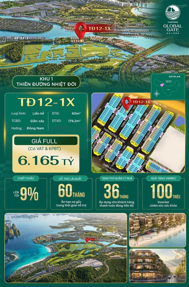 Bán biệt thự view đẹp tại vinhomes global gate hạ long, 6,2 tỷ, 60m2