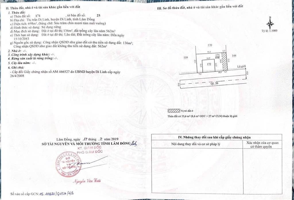 Bán gấp đất mặt tiền hùng vương, di linh, 1604m2