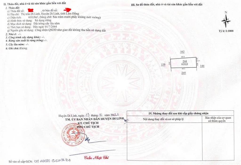 Bán gấp đất mặt tiền hùng vương, di linh, 1604m2, giá thỏa thuận